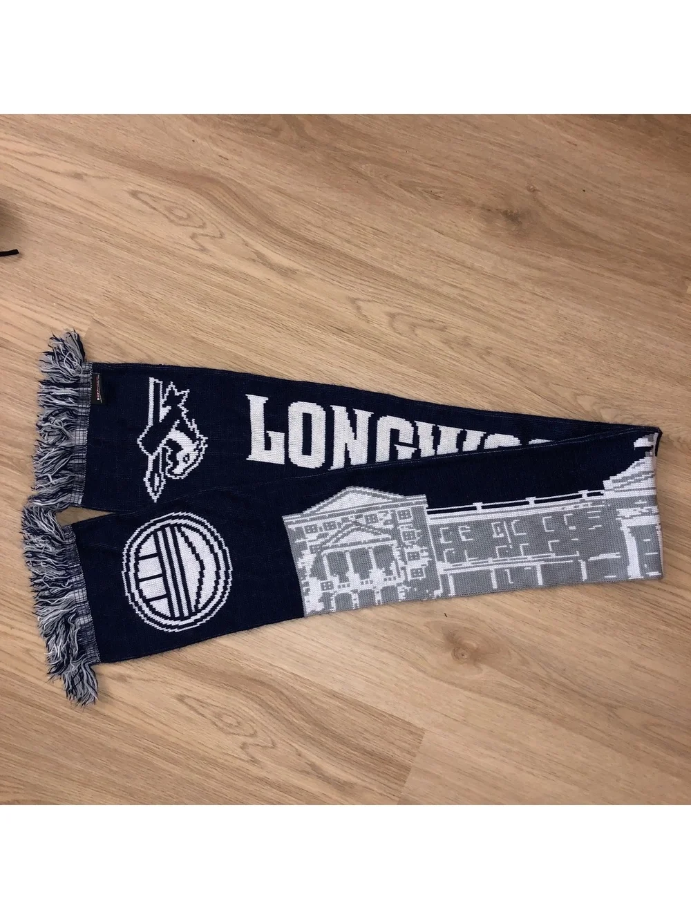 LONGWOOD UNIVERSITY LANCERS DOUBLE SIDED REVERSIBLE SCARF KNIT GRAY WHITE BLUE